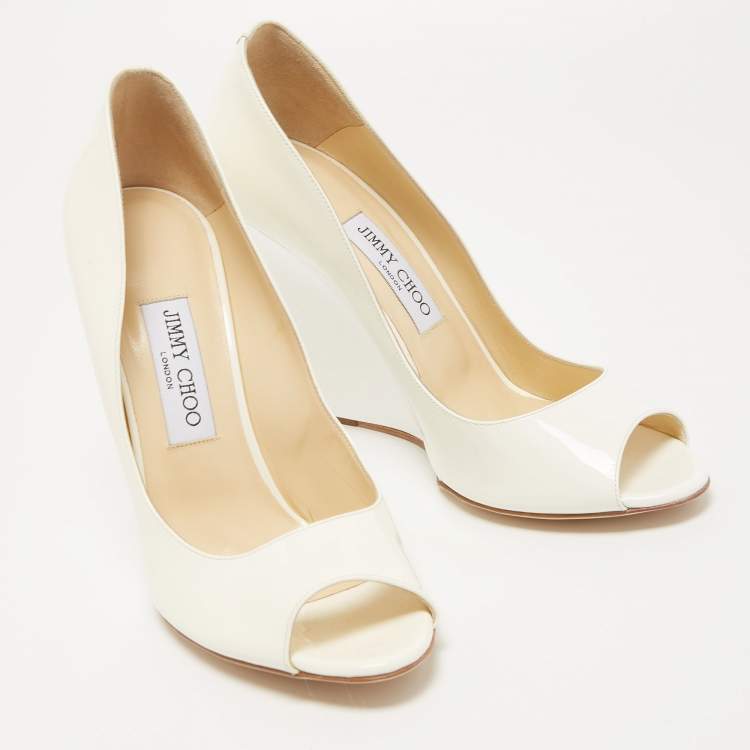 Jimmy Choo Off White Patent Leather Baxen Wedge Pumps Size 41
