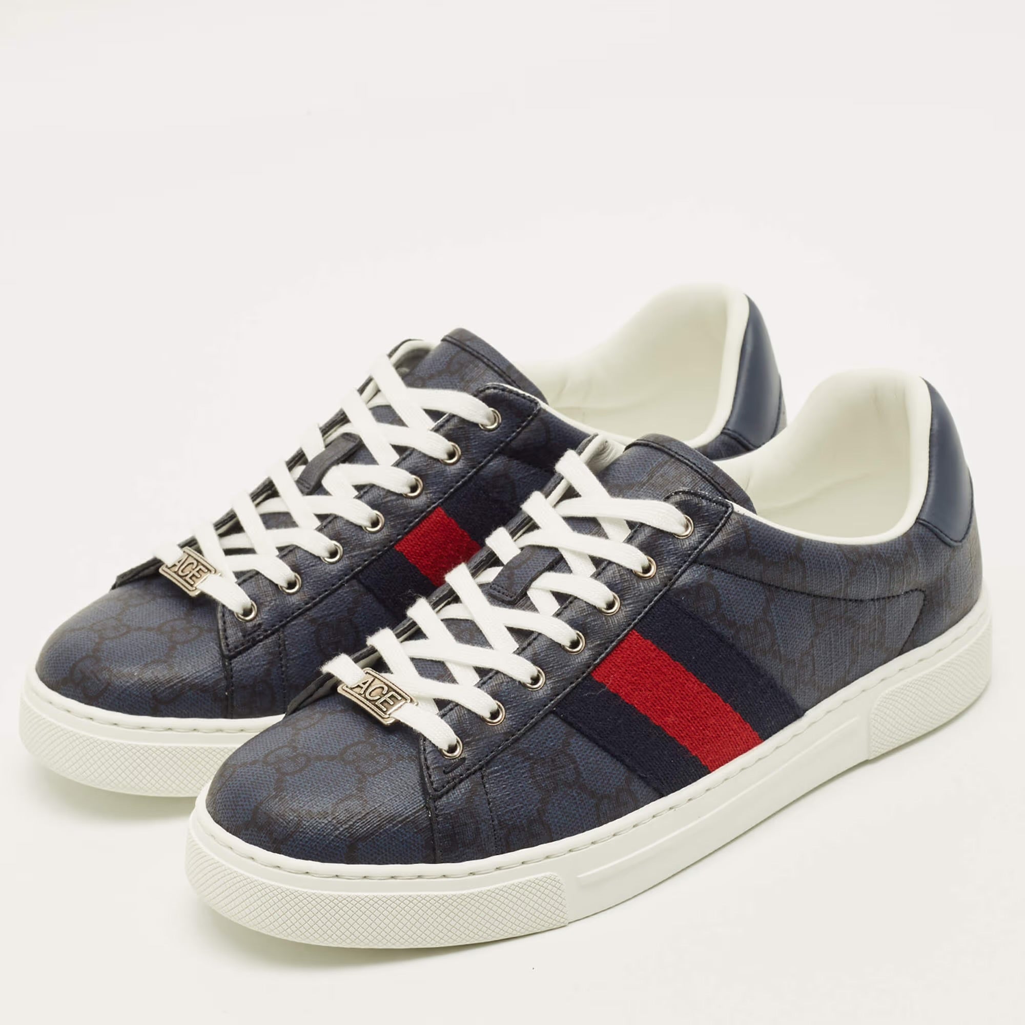Gucci Ace Size 41 Blue/Black GG Supreme Canvas Low Top Sneakers