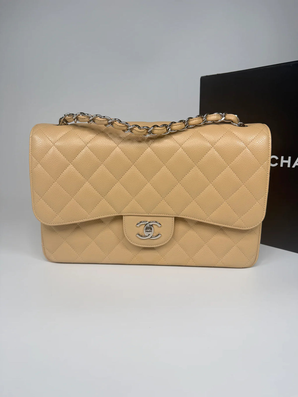 CHANEL JUMBO CLASSIC FLAP BAG IN BEIGE CAVIAR LEATHER WITH SHW