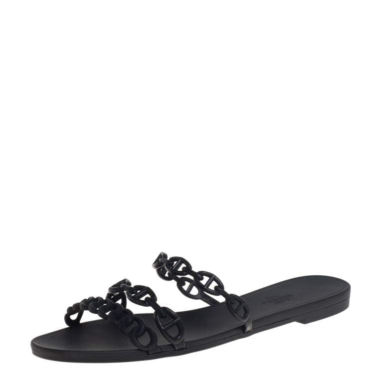 Hermes Black Rubber Chain Slide Sandals Size 39