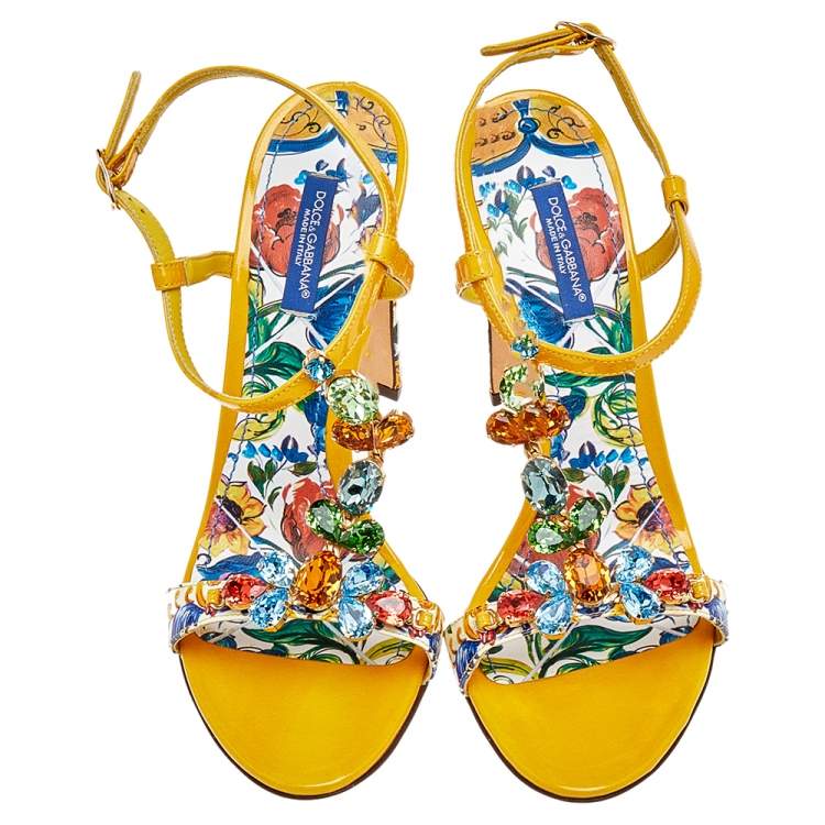 Dolce & Gabbana Yellow/Cream Floral Print Patent Leather Embellished Sandals Size 38