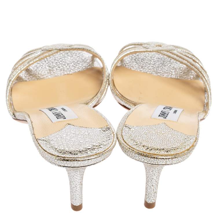 Jimmy Choo Metallic Silver Crinkled Leather Gillian Slide Sandals Size 37.5