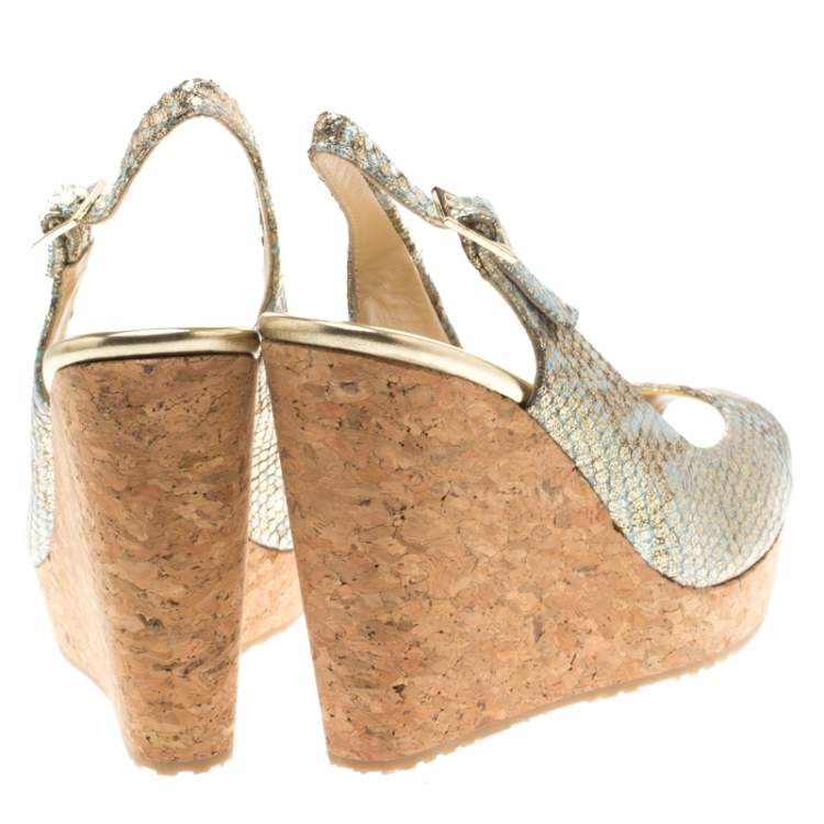 Jimmy Choo Metallic Tea Rose Mix Embossed Python Leather Prova Slingback Cork Wedge Sandals Size 38.5