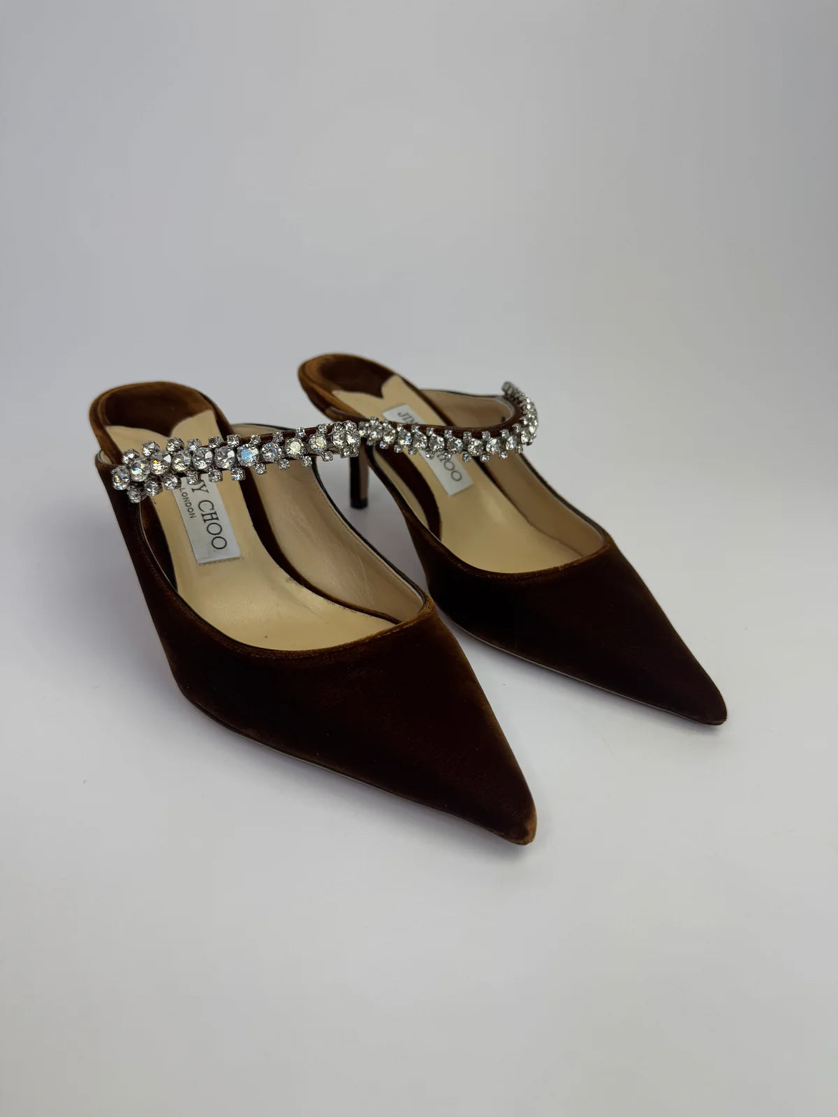 JIMMY CHOO BING TAN VELVET 65 HEELS (SIZE 39/UK6)