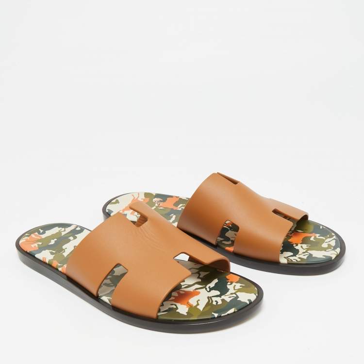 Hermes Brown Leather Izmir Flat Slides Size 42