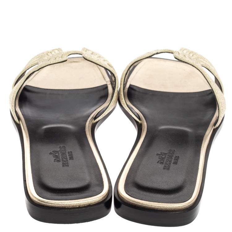 Hermes Metallic Pale Gold Twisted Metal Thread Oran Sandals Size 39.5
