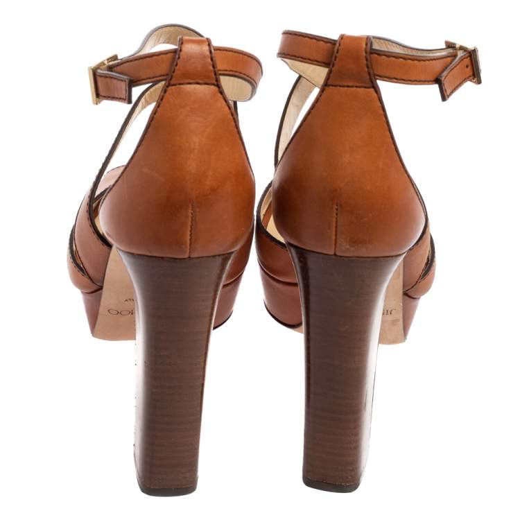 Jimmy Choo Tan Leather April Cross Strap Platform Sandals Size 40.5