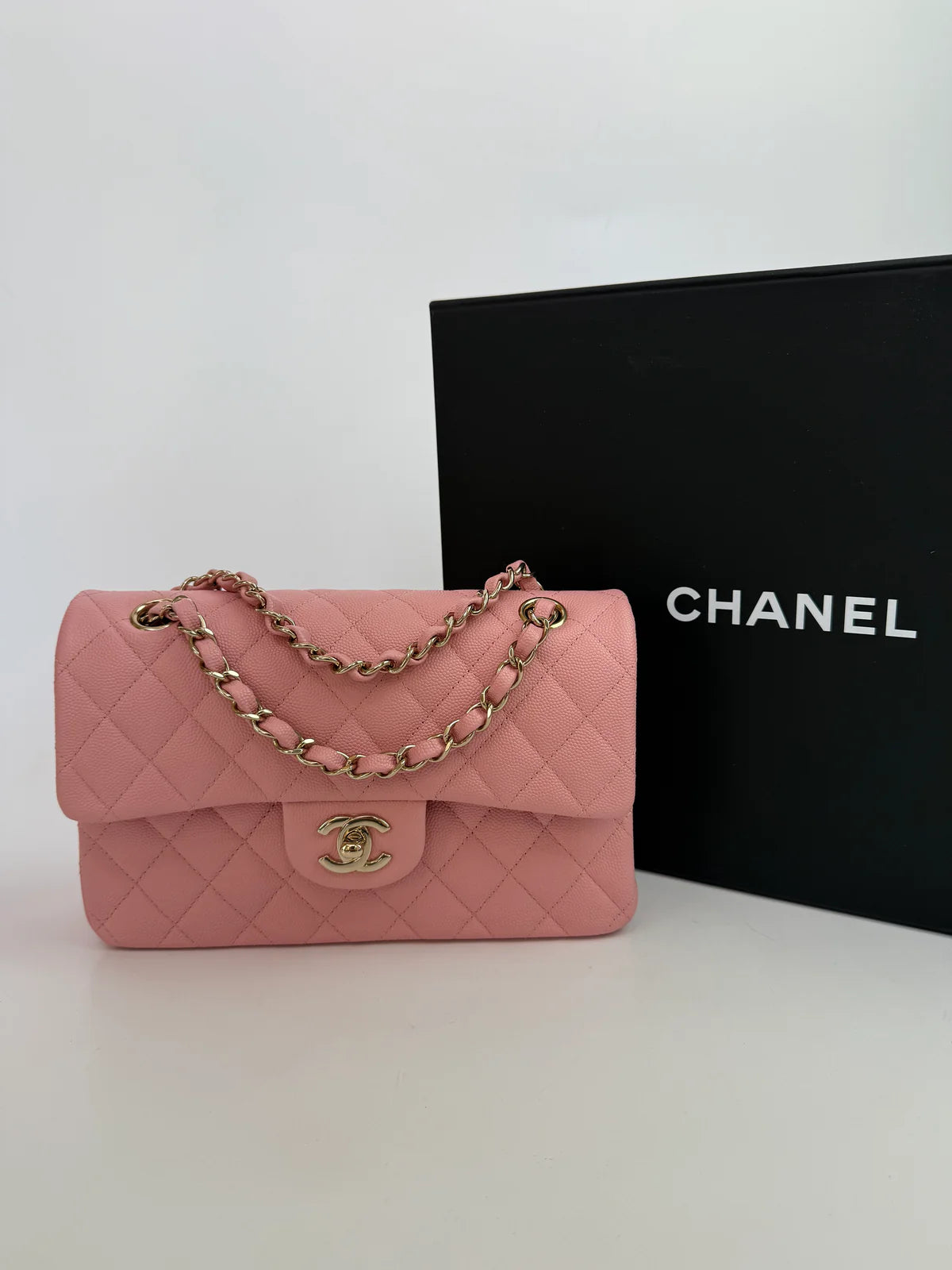 CHANEL SMALL CLASSIC DOUBLE FLAP IN PINK CAVIAR LEATHER WITH GHW