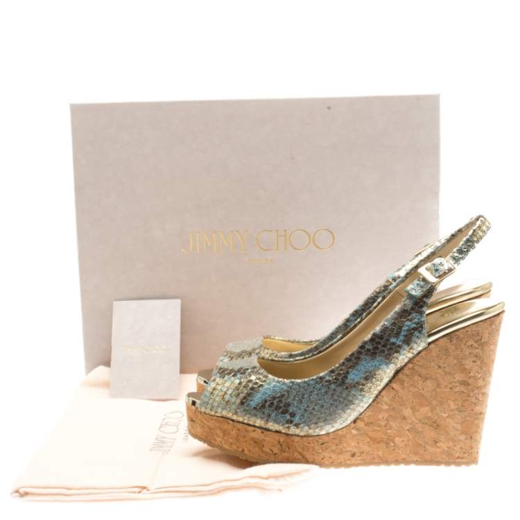 Jimmy Choo Metallic Tea Rose Mix Embossed Python Leather Prova Slingback Cork Wedge Sandals Size 38.5