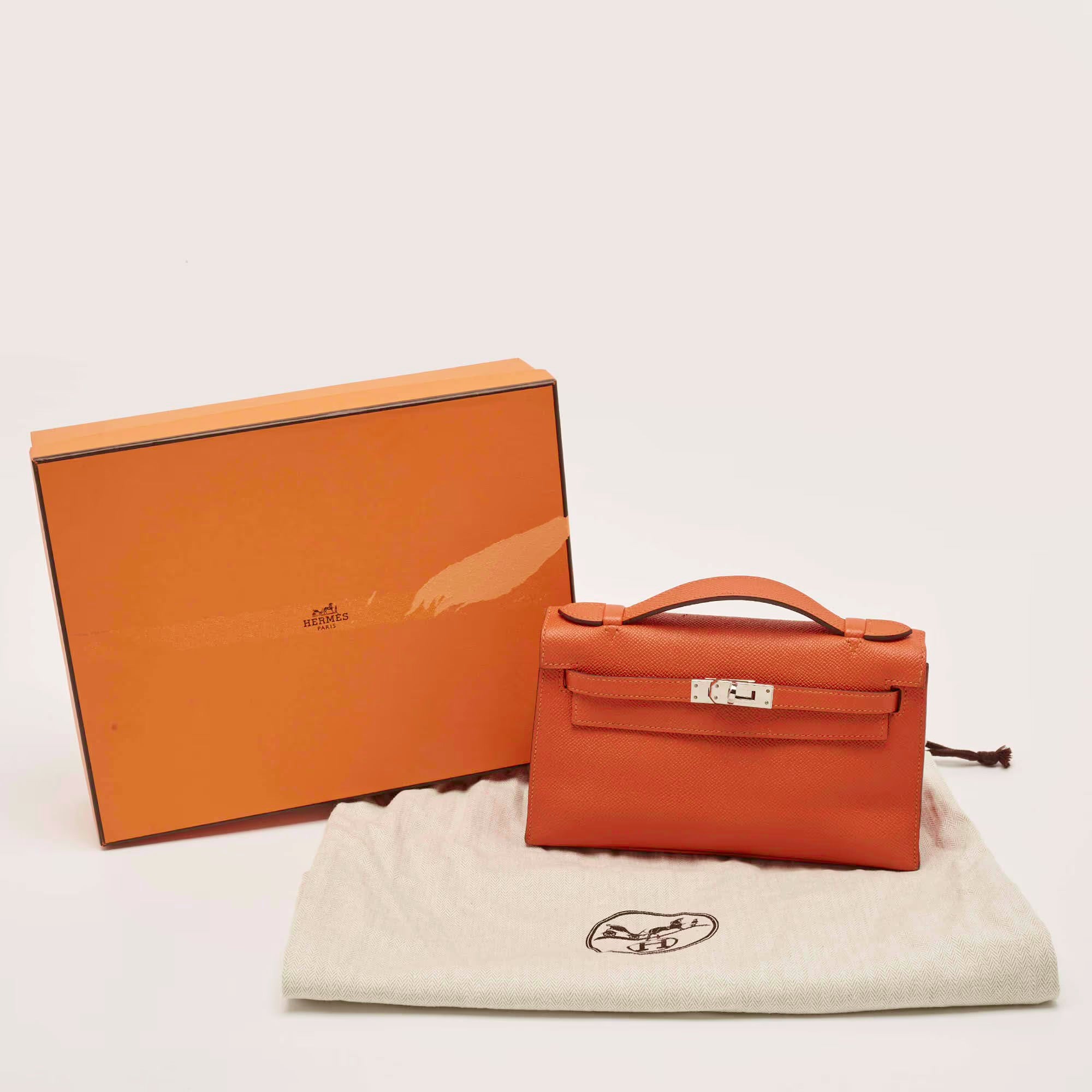 Hermes Kelly Palladium Finish Orange Poppy Epsom Leather Pochette