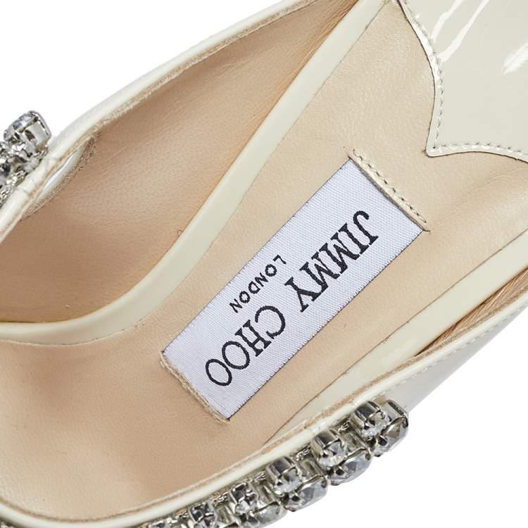 Jimmy Choo Cream Patent Leather Crystal Embellished Pointed Toe Mule Sandals Size 40