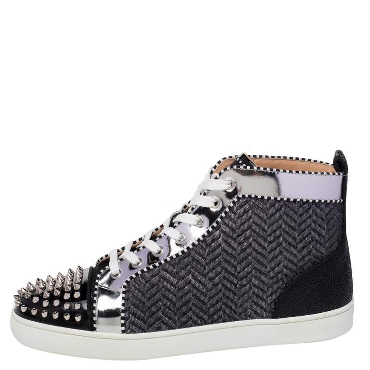 Christian Louboutin Black/Silver Leather And Woven Fabric Spikes Orlato Flat Sneakers Size 44.5