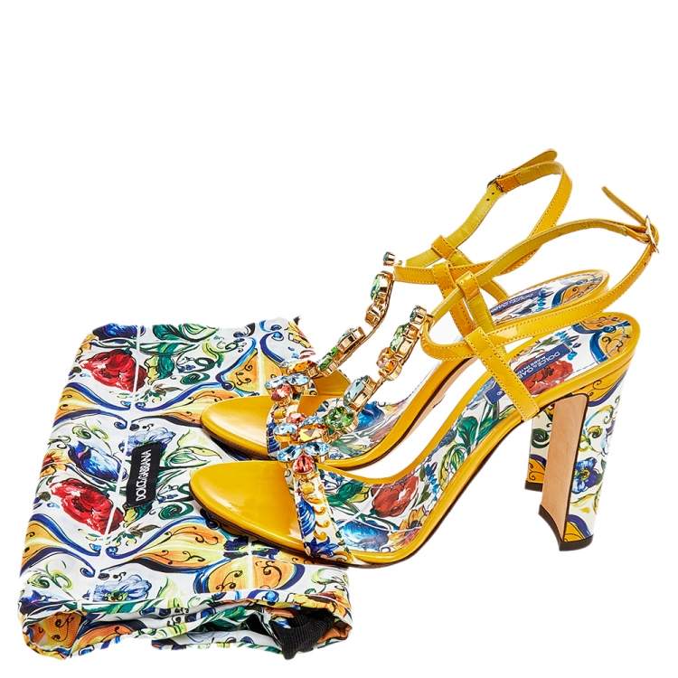 Dolce & Gabbana Yellow/Cream Floral Print Patent Leather Embellished Sandals Size 38