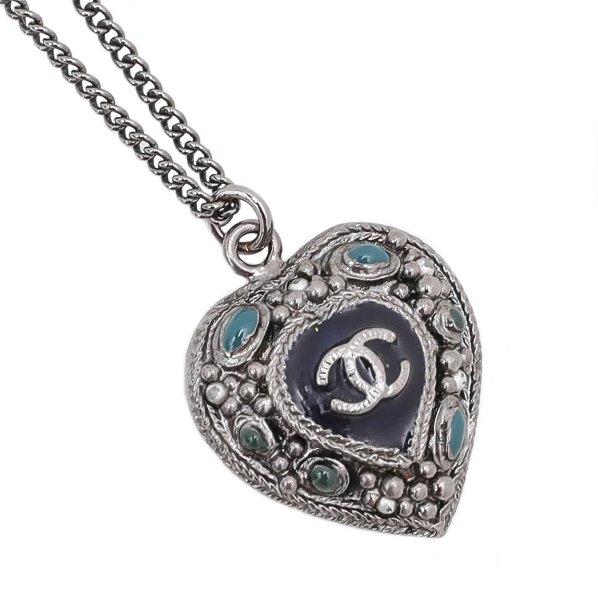 Chanel Blue CC Pearl Enamel Heart Pendant Necklace