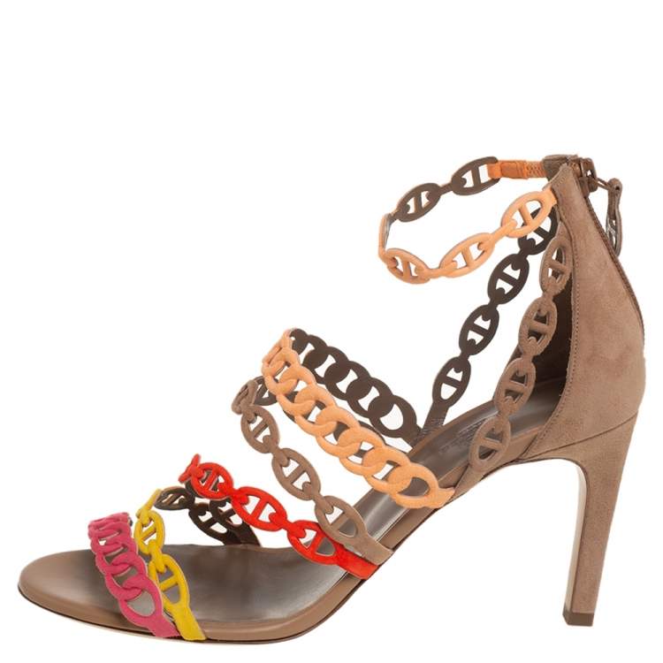 Hermes Multicolor Suede Chaîne d'Ancre Sandals Size 38.5
