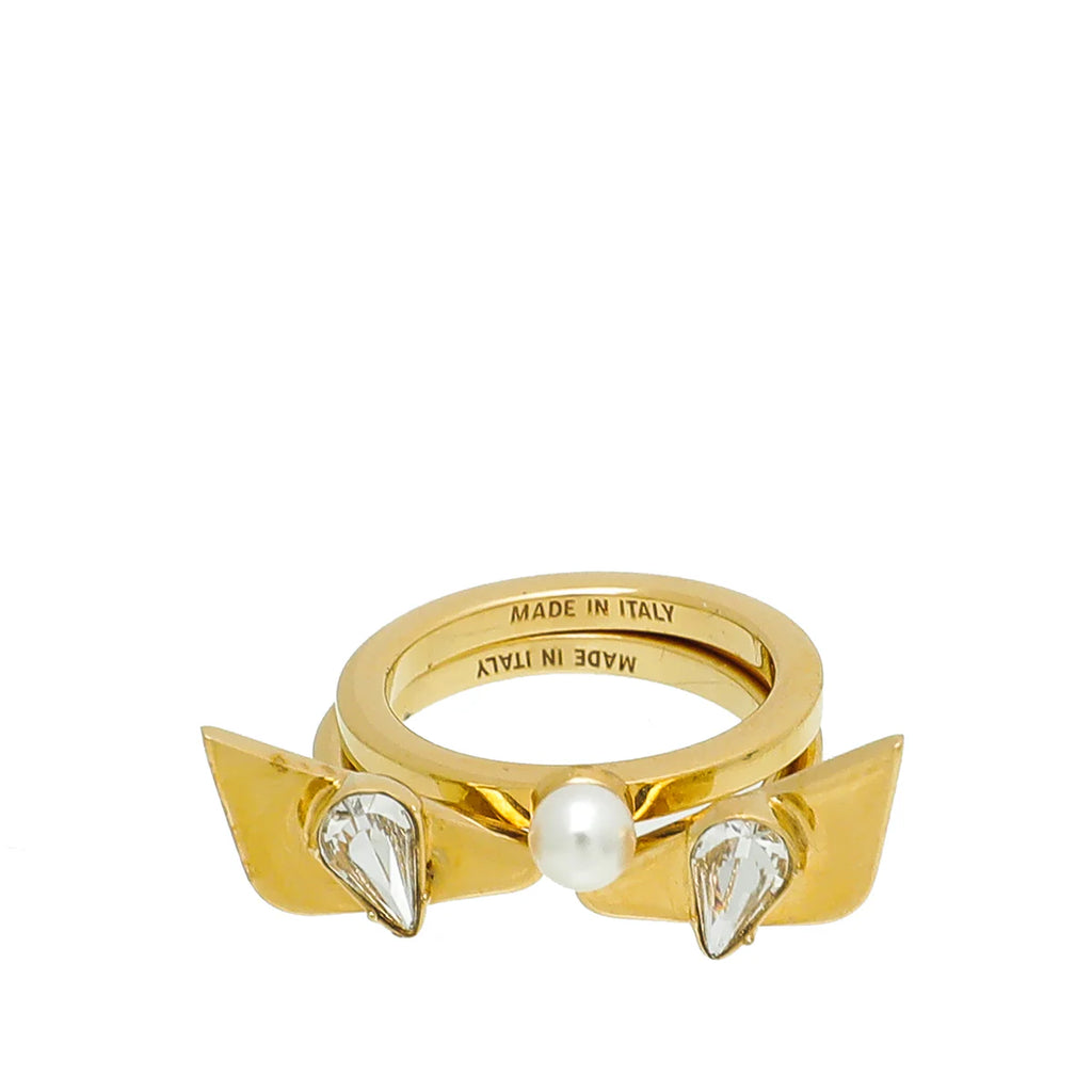 Fendi Yellow Gold Tone Monster Eye Faux Pearl 2 in 1 Ring
