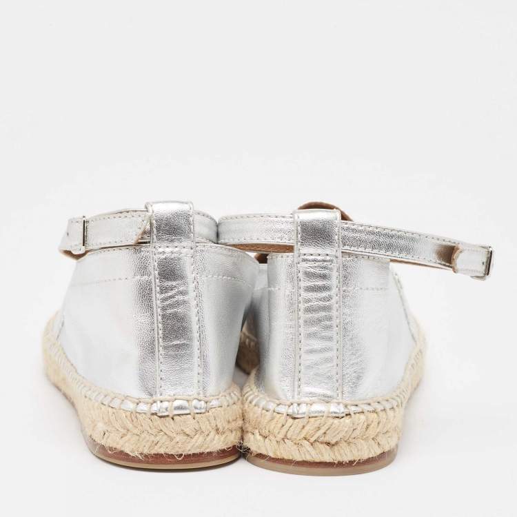 Hermes Silver Leather Malaga Espadrille Flats Size 38