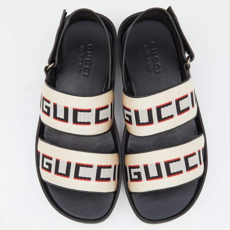 Gucci White Stripe Logo Canvas Slingback Sandals Size 40
