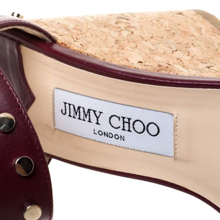 Jimmy Choo Maroon Studded Leather Veto Wedge Platform Sandals Size 38.5