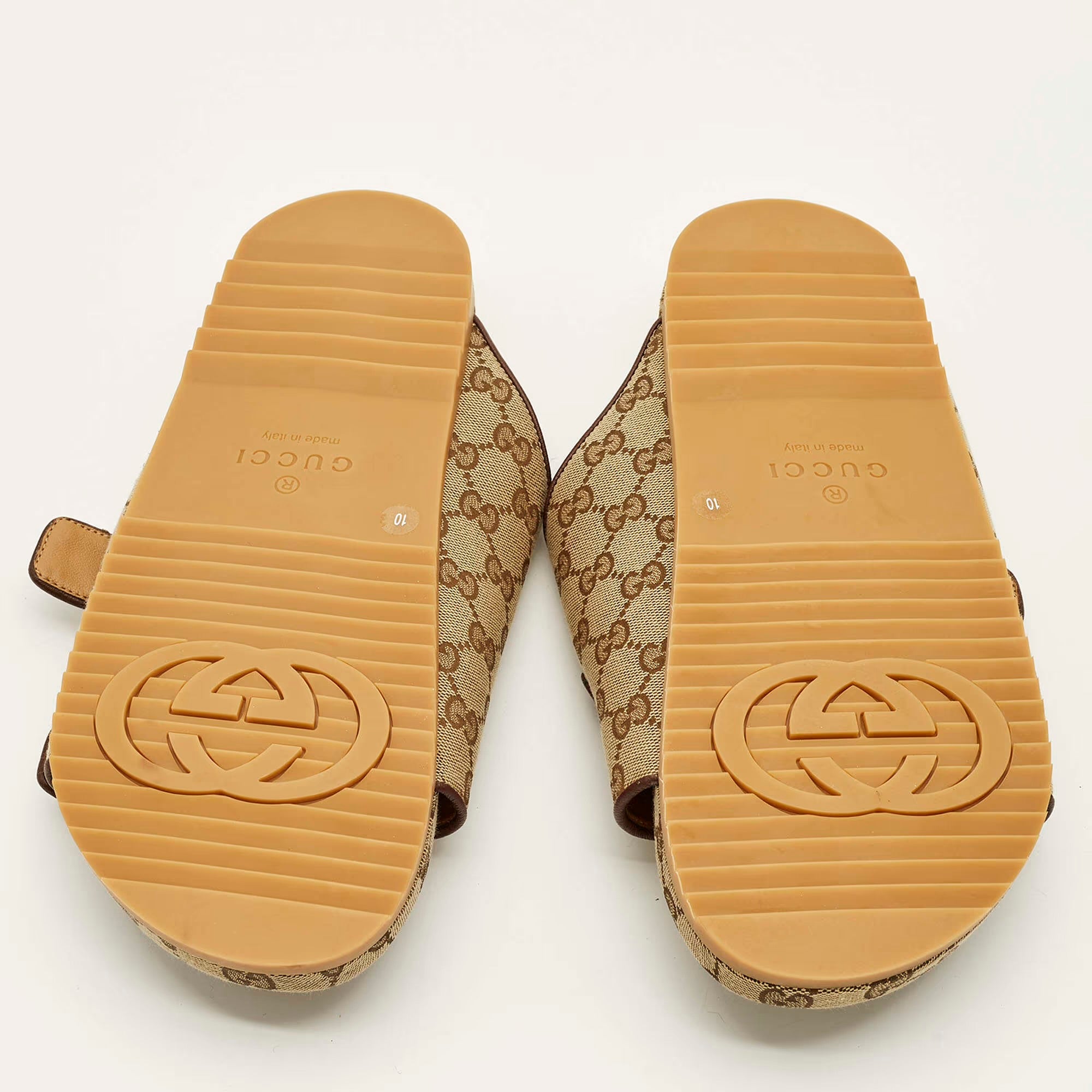 Gucci GG Size 44 Beige/Brown Canvas and Leather Double Buckle Slide Sandals