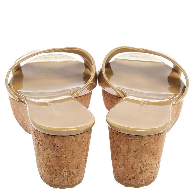 Jimmy Choo Beige Patent Leather Perfume Cork Wedge Platform Slide Sandals Size 38