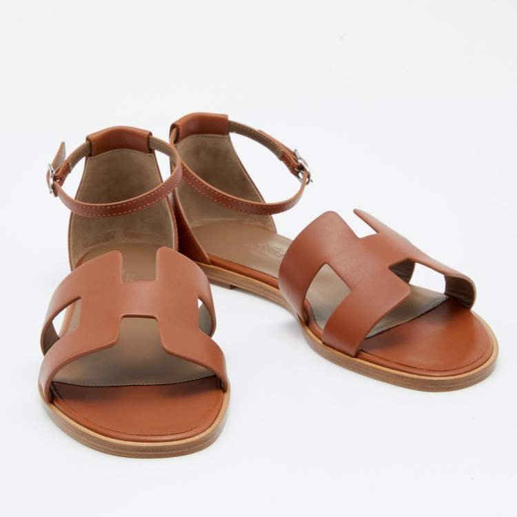 Hermes Brown Leather Santorini Ankle Strap Sandals Size 37