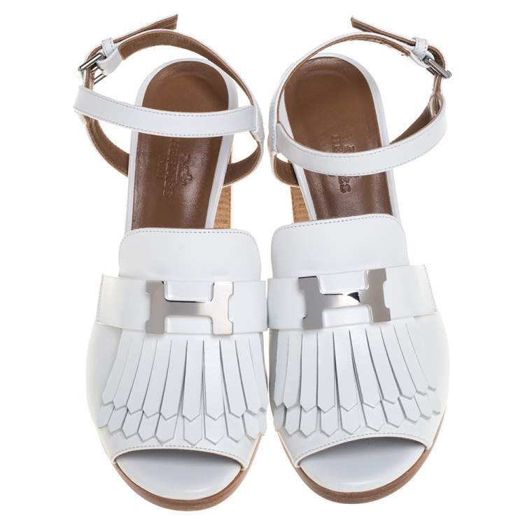 Hermes White Leather Alesia Ankle Strap Sandals Size 38