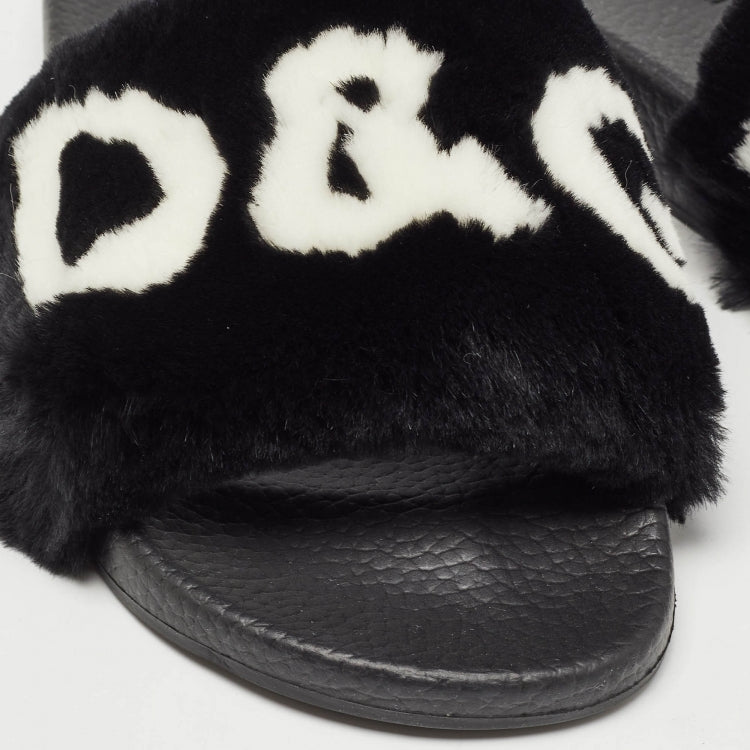 Dolce & Gabbana Black Fur Logo Print Slides Size 37