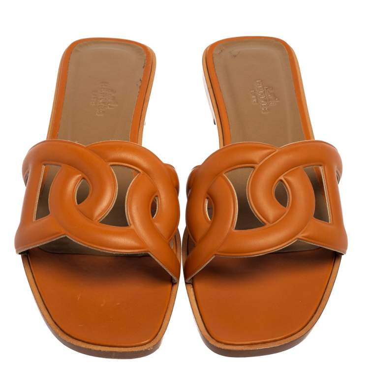 Hermes Tan Leather Omaha Flat Slides Size 38