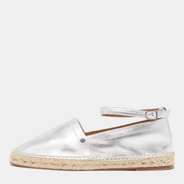 Hermes Silver Leather Malaga Espadrille Flats Size 38