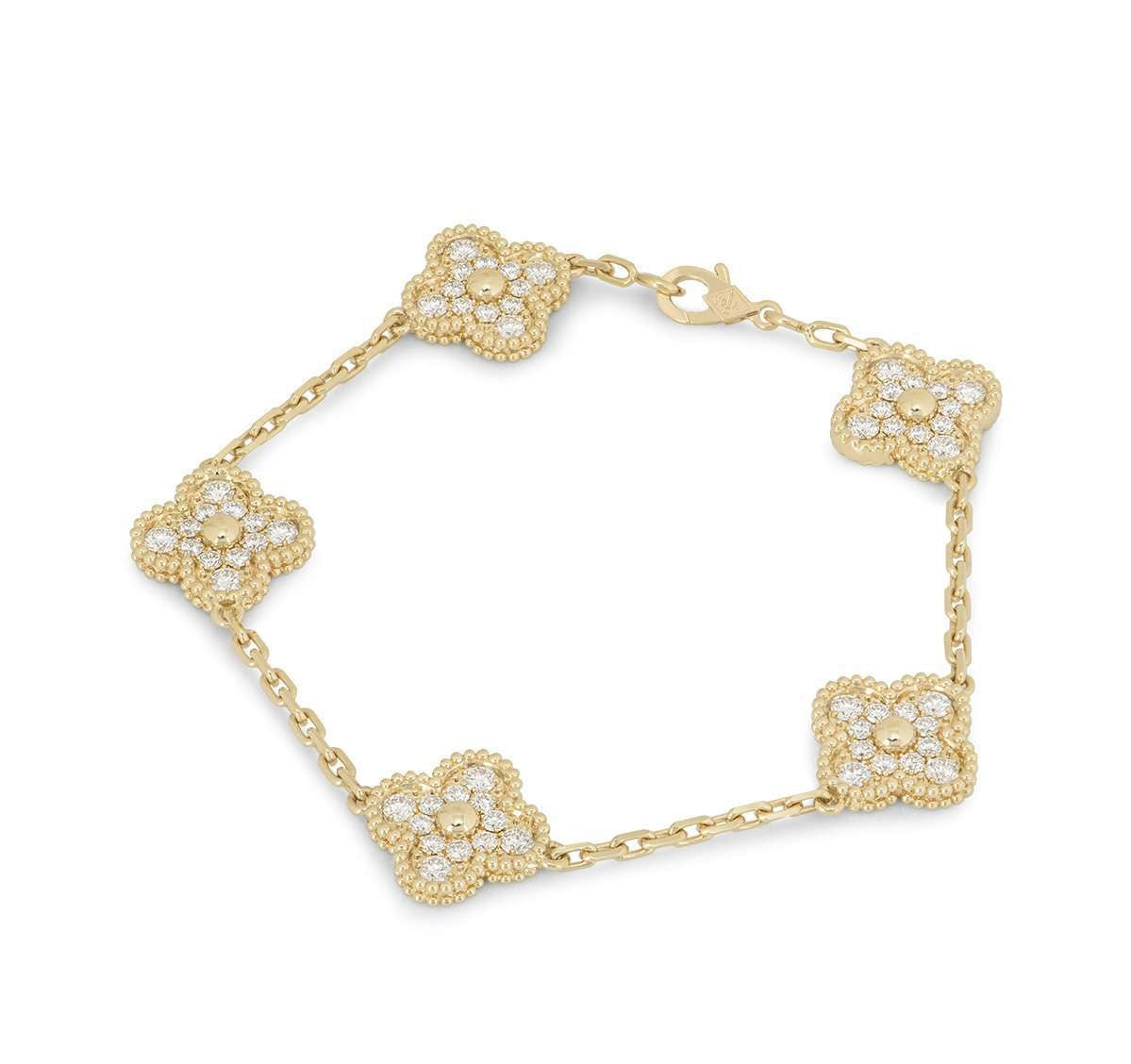 Van Cleef & Arpels 18k Yellow Gold 5 Diamond Motifs Vintage Alhambra Bracelet VCARA41400