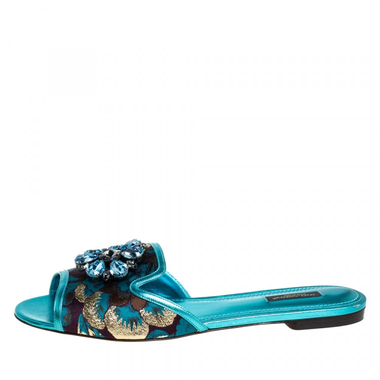 Dolce & Gabbana Metallic Blue Brocade Fabric And Leather Sofia Crystal Embellished Flat Slides Size 41
