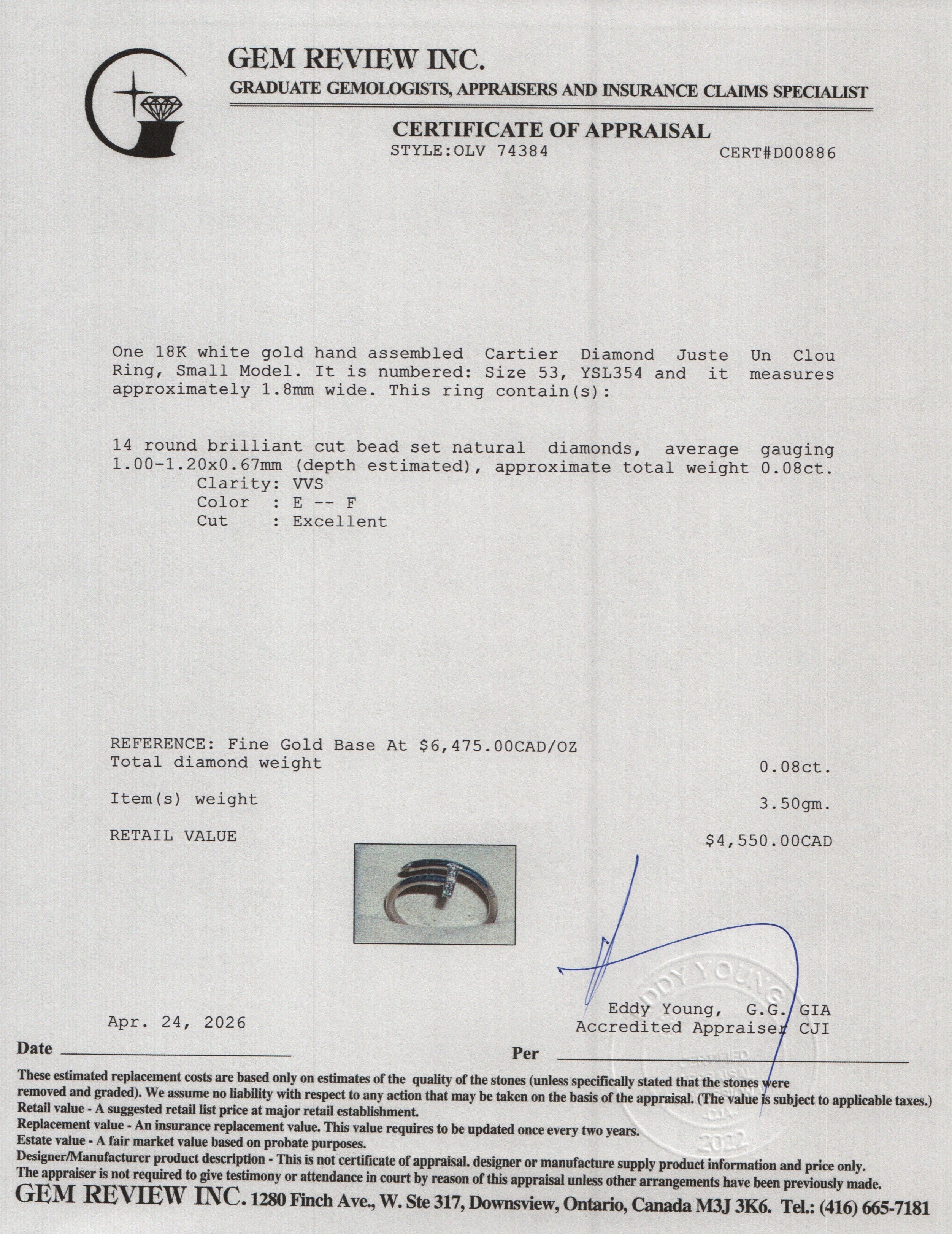 18k White Gold Diamond Juste Un Clou Ring, Small Model, Size 53 6.25