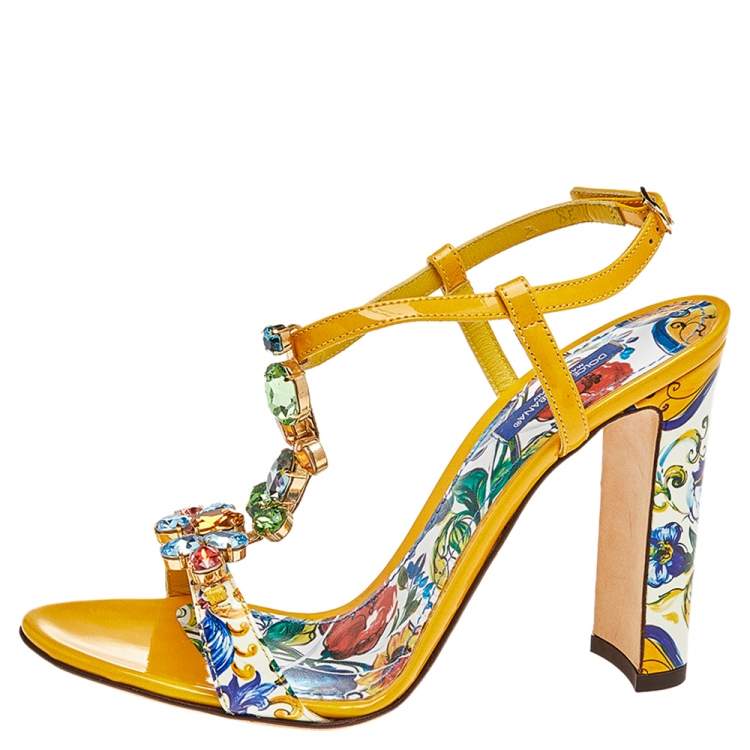 Dolce & Gabbana Yellow/Cream Floral Print Patent Leather Embellished Sandals Size 38