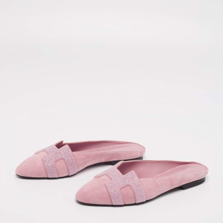 Hermes Pink Glitter And Suede Roxane Mule Flats Size 36