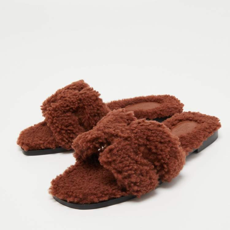 Hermès Brown Shearling Fur Oran Flat Slides Size 36