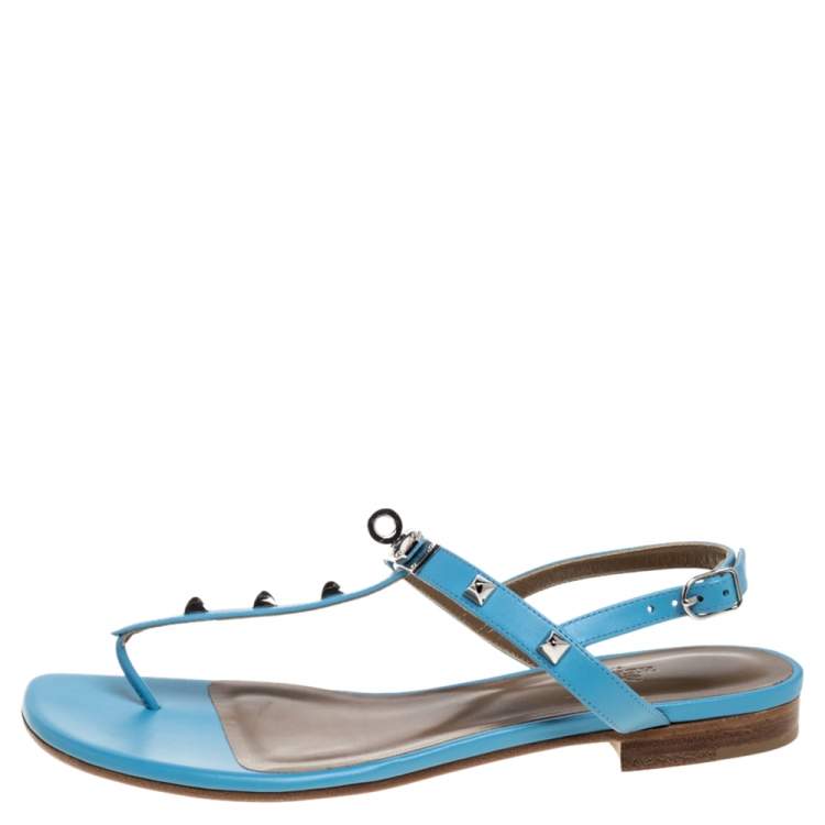 Hermes Blue Leather Olivia Ankle Strap Sandals Size 37.5