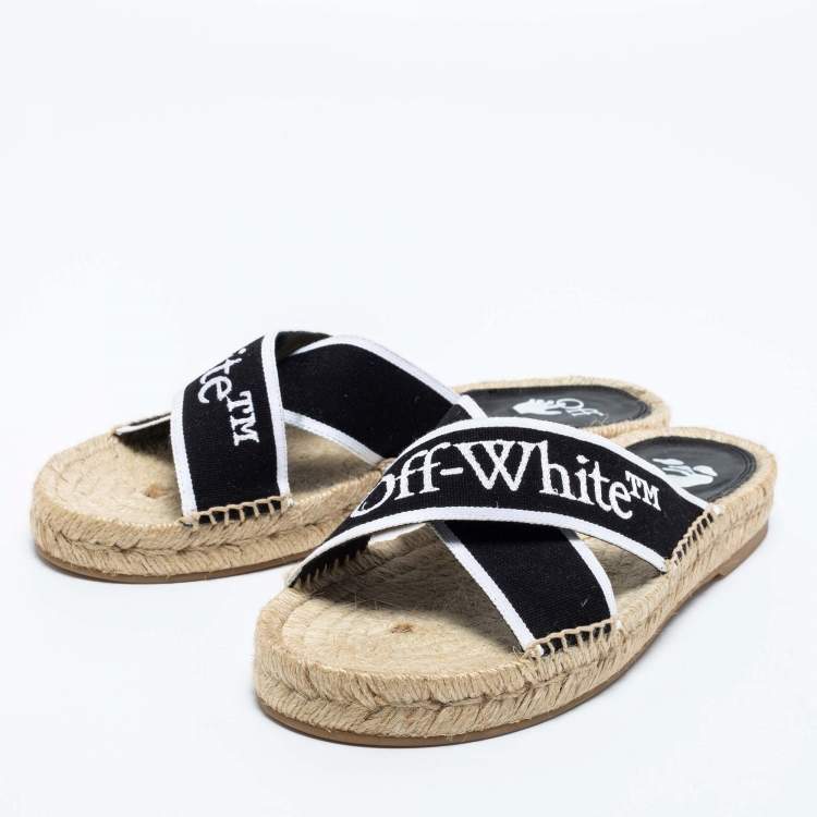 Off-White Black/White Logo Embroidered Canvas Crisscross Flat Espadrille Slides Size 38