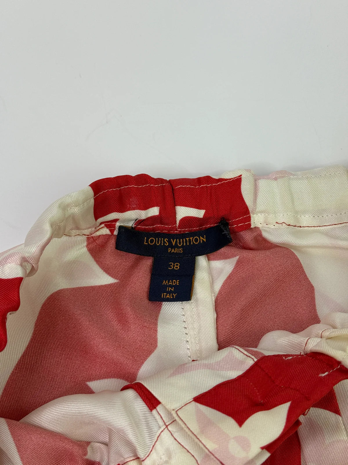 LOUIS VUITTON RED MONOGRAM SILK TWILL TROUSERS ( SIZE 38/10)