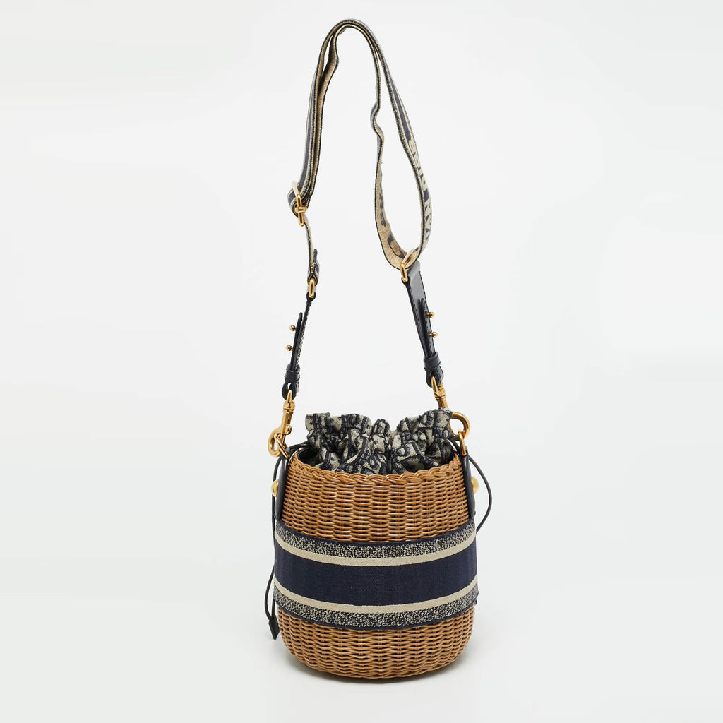Dior Wicker Drawstring Navy Blue Oblique Canvas and Rattan Bucket Bag