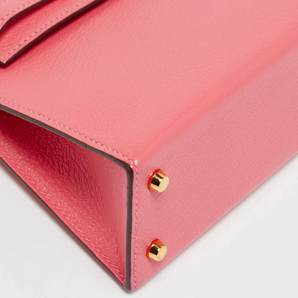 Hermes Kelly II Sellier Mini 20 Gold Finish Rose Azalee Chevre Leather Top Handle Bag