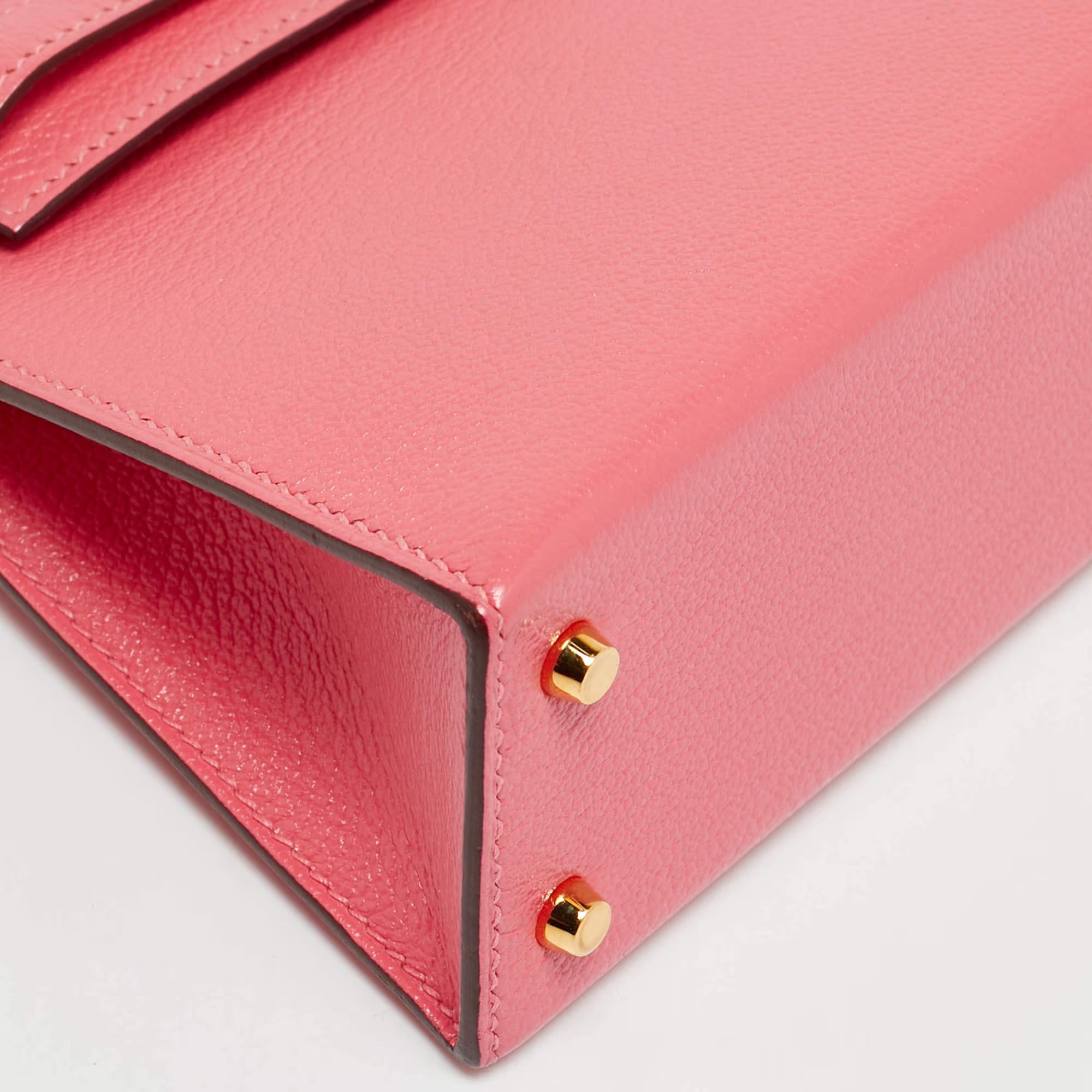 Hermes Kelly II Sellier Mini 20 Gold Finish Rose Azalee Chevre Leather Top Handle Bag