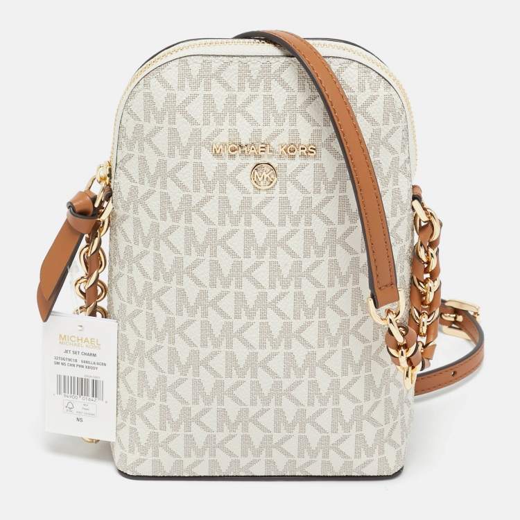 Michael Kors White Signature Coated Canvas and Leather Small Jet Set Charm NS Phone Crossbody Bag
