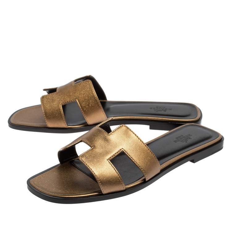 Hermes Gold Leather Oran Flats Size 39