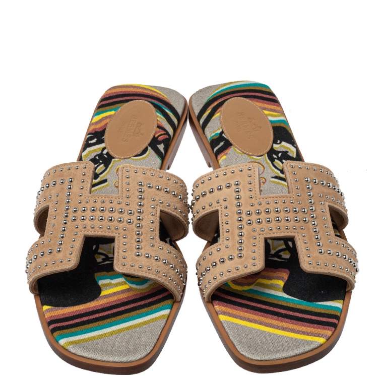 Hermes Beige Suede Studded Oran Flat Sandals Size 40