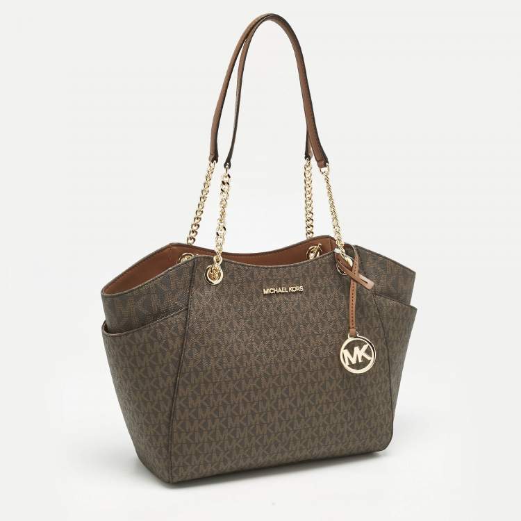 Michael Kors Brown Signature Coated Canvas Large Jet Set Travel Chain Tote