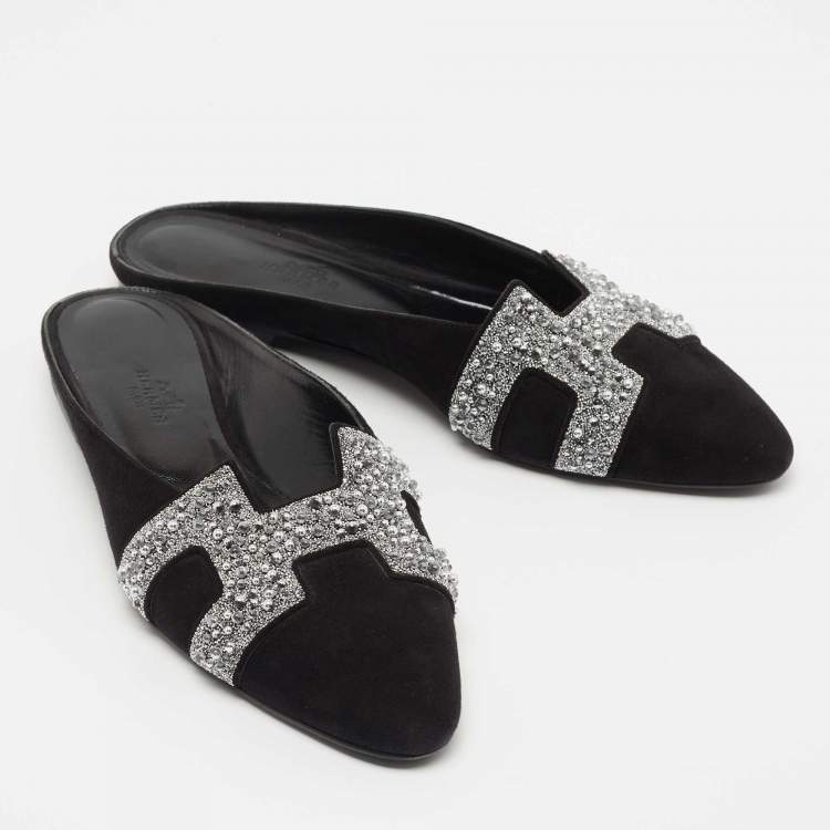 Hermes Black Suede Studded Roxane Mule Size 37