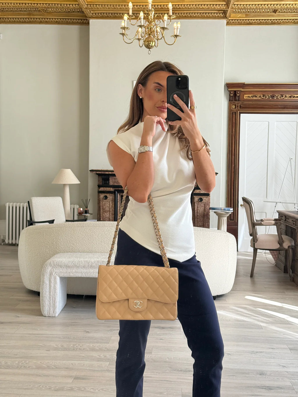 CHANEL JUMBO CLASSIC FLAP BAG IN BEIGE CAVIAR LEATHER WITH SHW