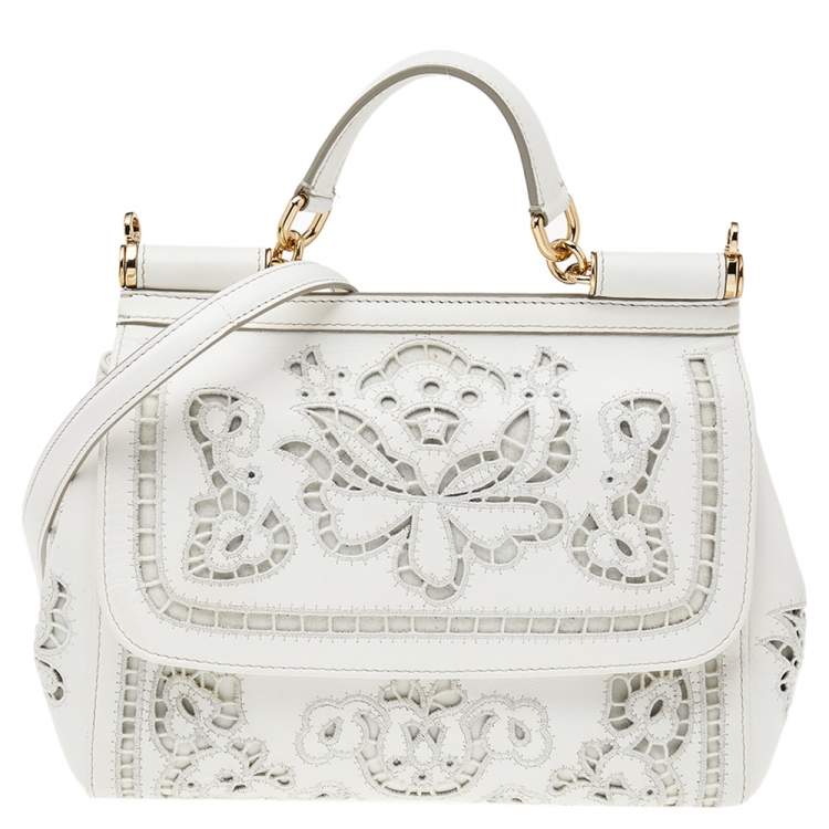 Dolce & Gabbana White Floral Leather Miss Sicily Top Handle Bag