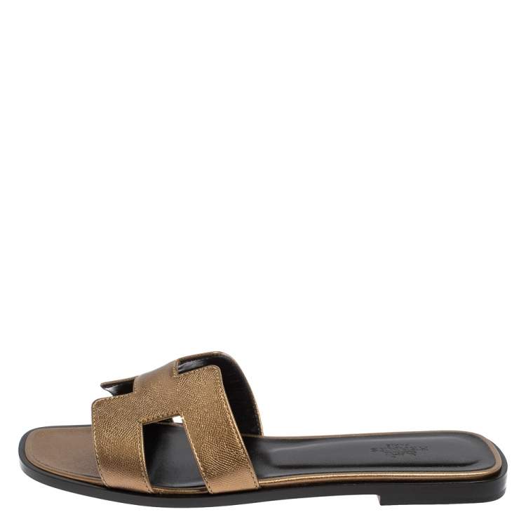 Hermes Gold Leather Oran Flats Size 39